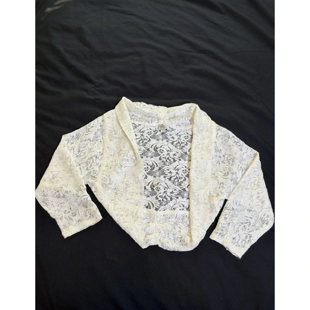 Tahari ASL Bolero~XL~Off White Lace Sequin Crop Shrug Formal Evening Covers Arms - Picture 10 of 14